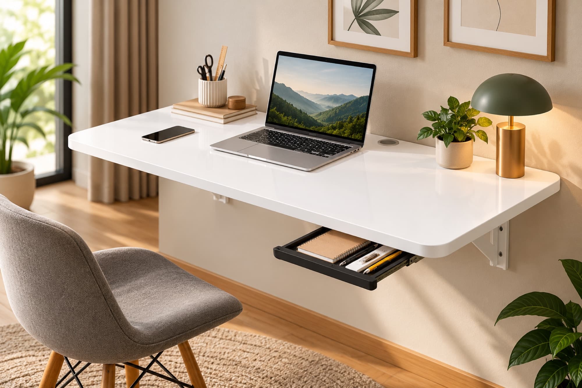 A white wall-mounted desk with a laptop and lamp