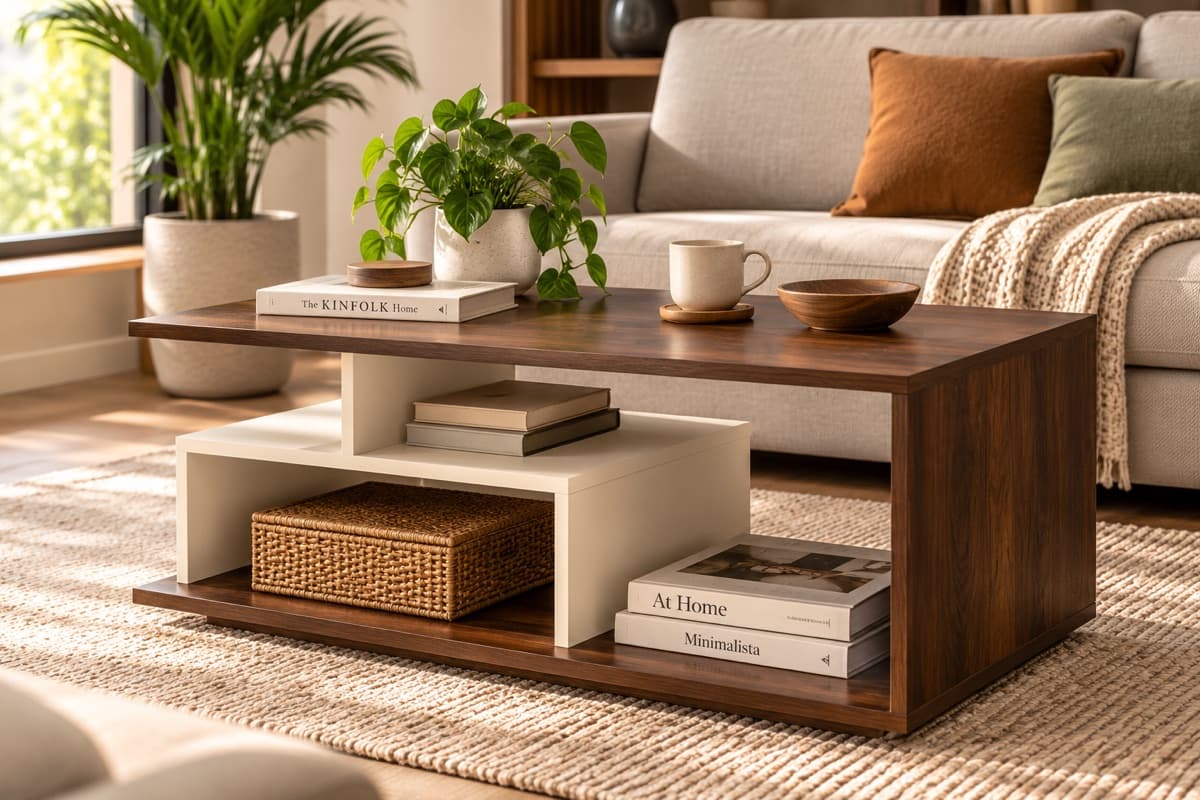 A walnut coffee table in a sunny living room
