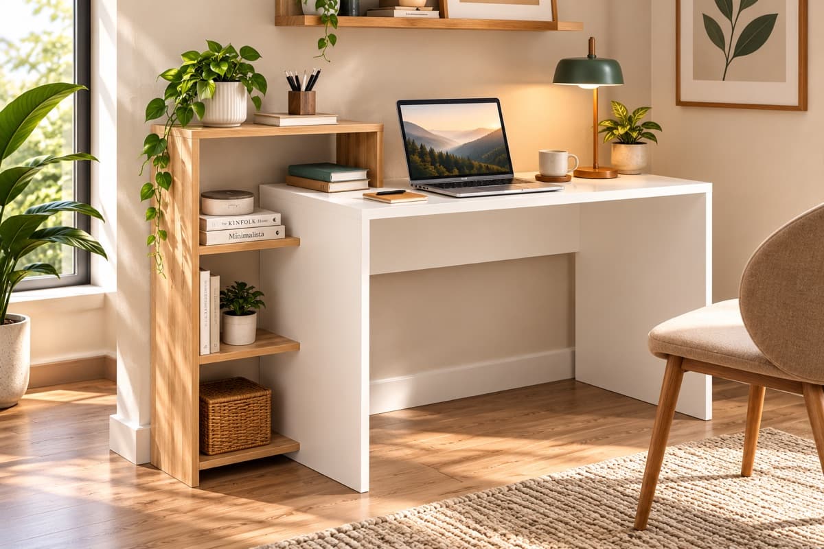 A white study desk with shelves in a bright room